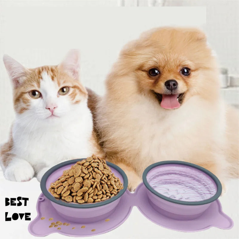 Portable Silicone Double Dog Food Bowls Foldable Non-Slip Cat Bowl Pet Travel Anti-Choking Feeding Bowl Outdoor