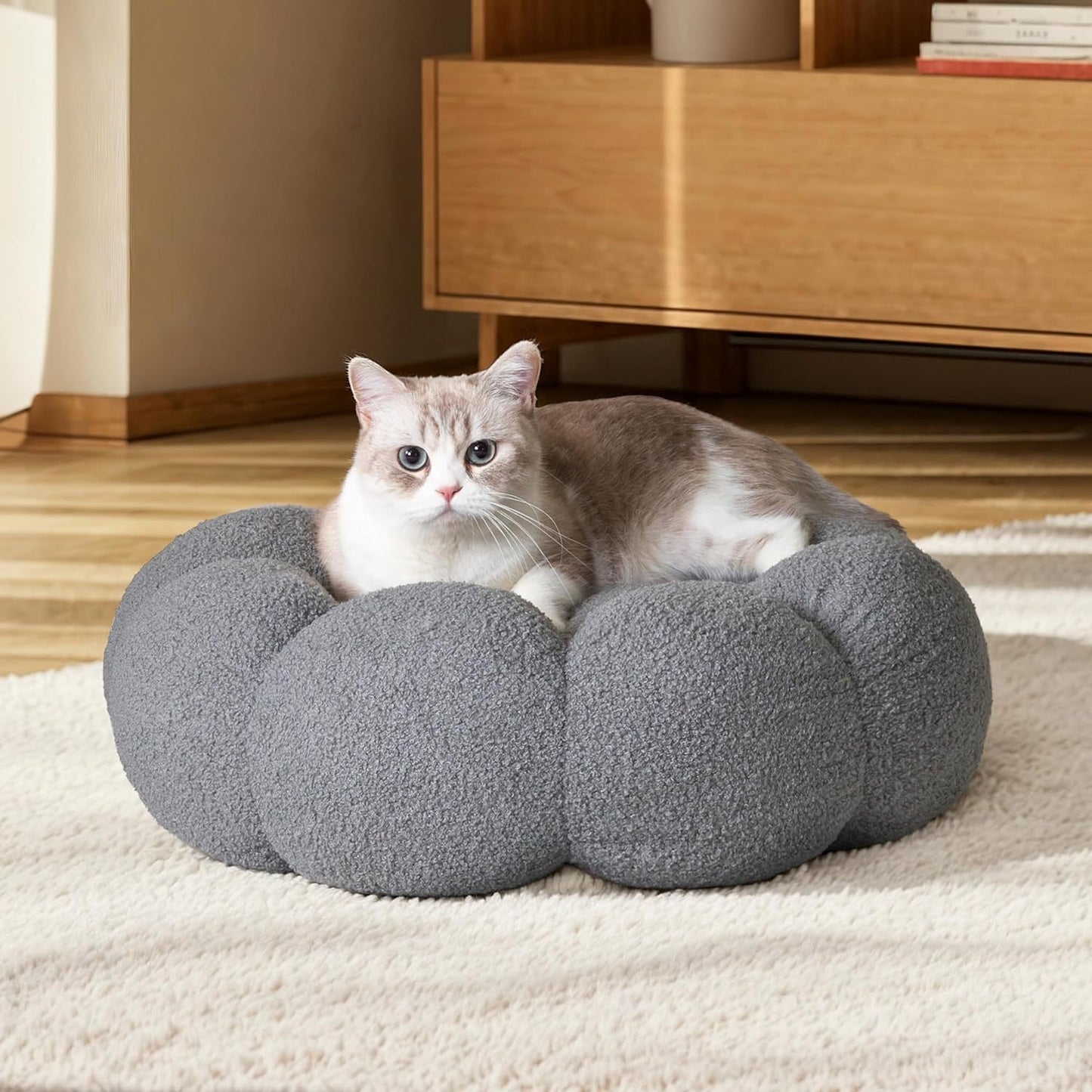 Calming Cat Beds For Indoor Cats Fluffy Flower Cat Dog Bed In Plush Teddy Sherpa Round Donut Cuddler Puppy Bed  Non Slip Machine Washable Pet Bed